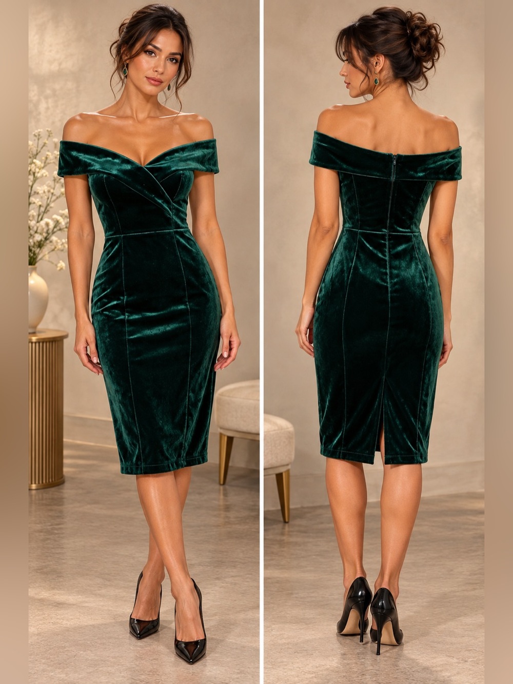 Retro Stage Green Velvet Off-Shoulder Dress NWT Small 1960s Vintage Midi Hoco